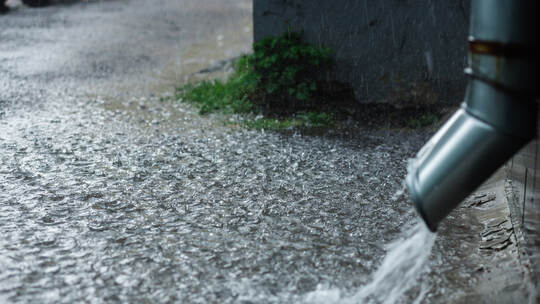 Rain water flowing from a metal downspout during a heavy rain. concept of protection against heavy rains