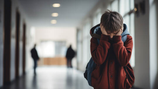 Upset boy covered his face with hands standing alone in school corridor. Learning difficulties, emotions, bullying in school
