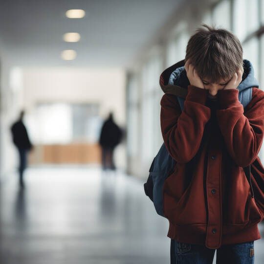 Upset boy covered his face with hands standing alone in school corridor. Learning difficulties, emotions, bullying in school